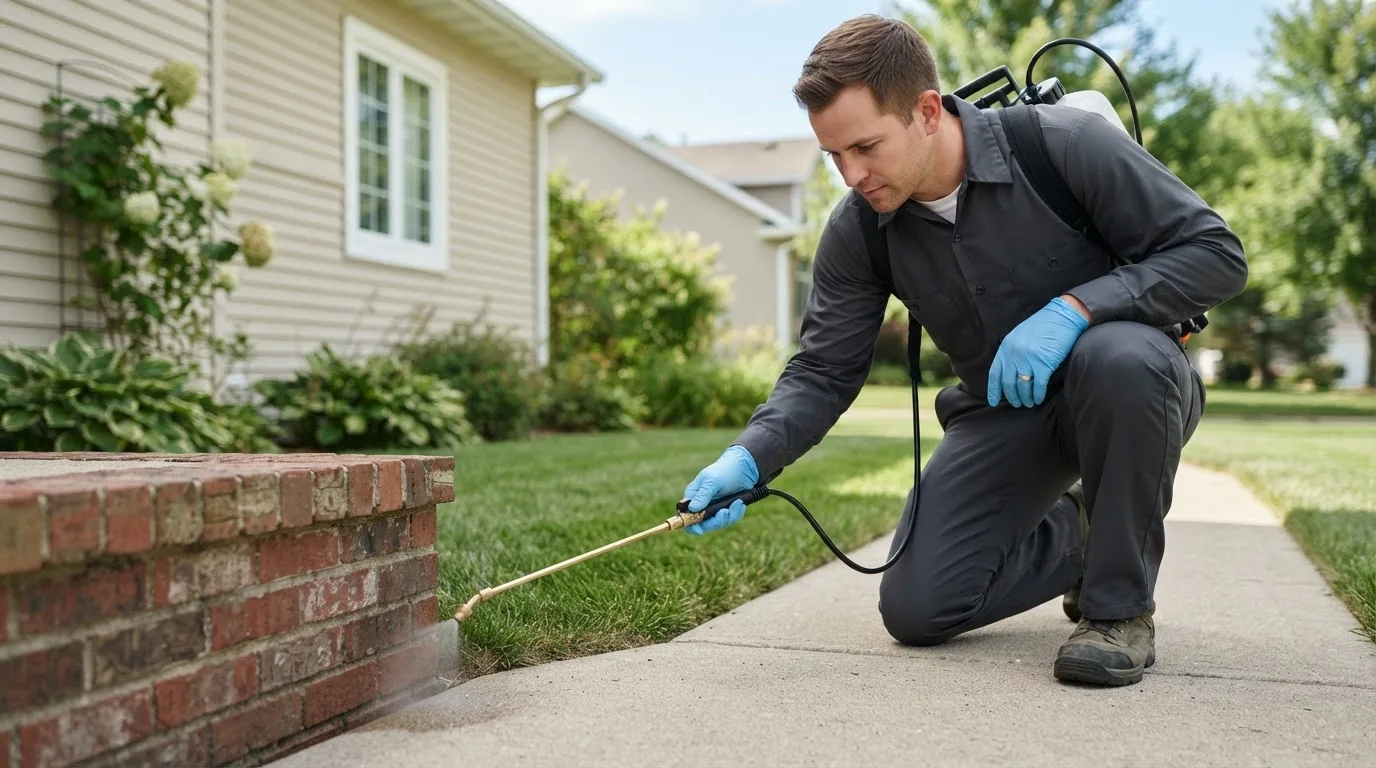 Pest control technician treating a home near Ladora, IA