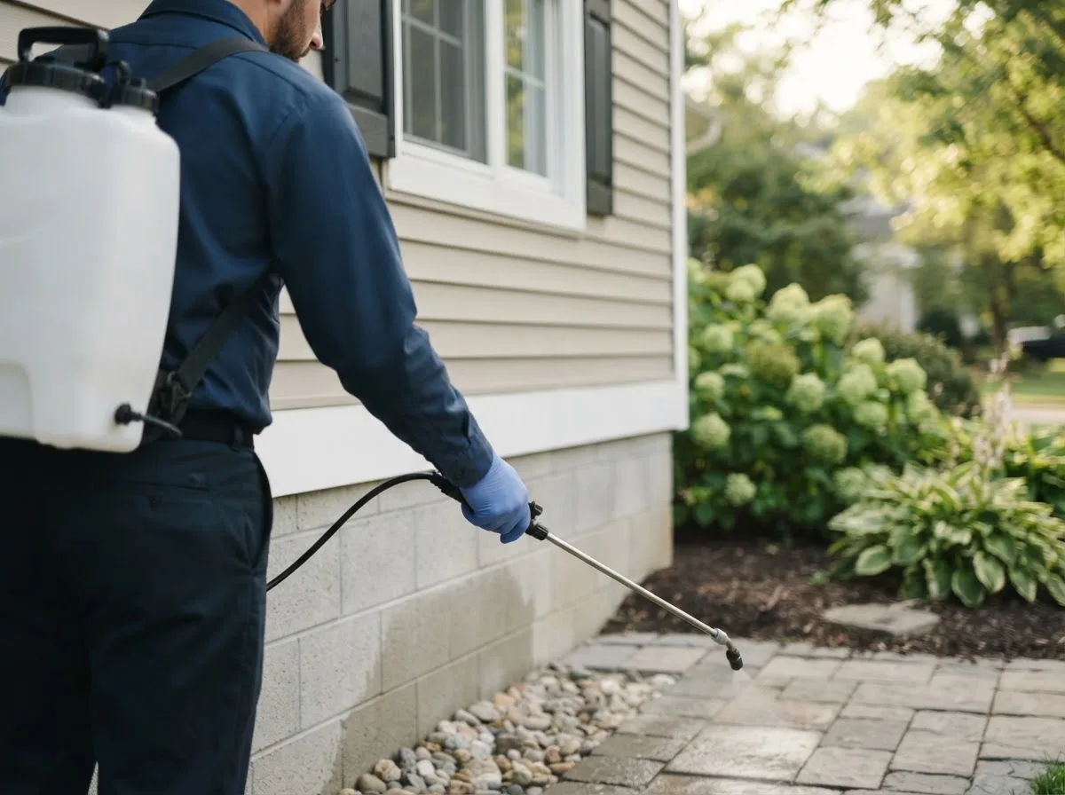 Pest control technician inspecting a home in Ladora, IA